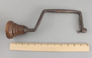 Antique 18thC Hand-Wrought Iron & Burl Handle Bit Brace Drill Woodworking Tool