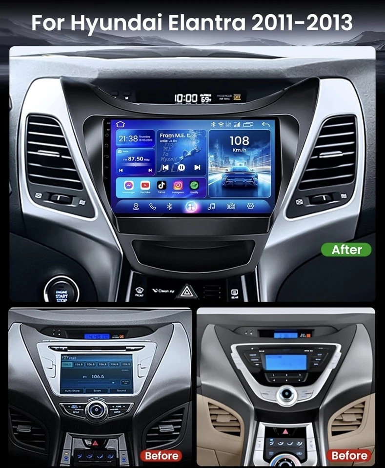 适用于现代伊兰特 2011 - 2013 安卓汽车立体声苹果 CarPlay GPS 收音机 64GB — 第 2/4 张图片
