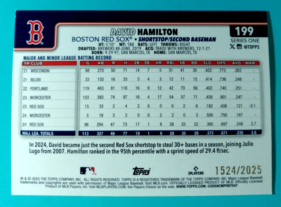 2025 TOPPS BASEBALL  *** David Hamilton: Gold ***  #199      1524/2025 - Image 2 of 2