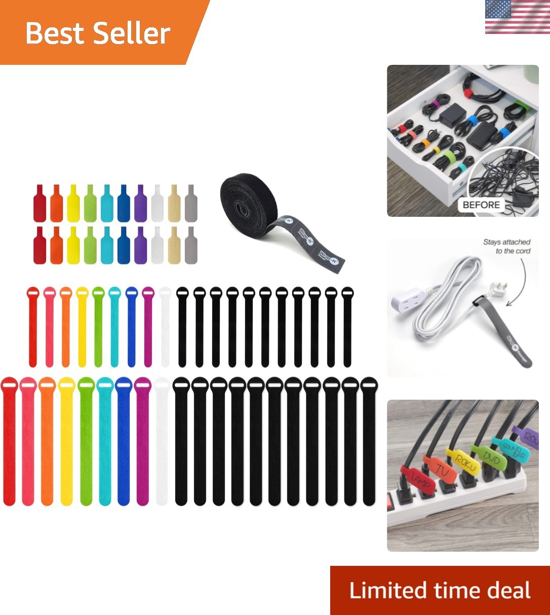 Ultimate Cable Management Bundle - 40 Heavy Duty Ties & Colorful Labels Included