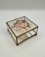 Vintage Floral Clear Glass Jewelry Curio Box Gold Trim