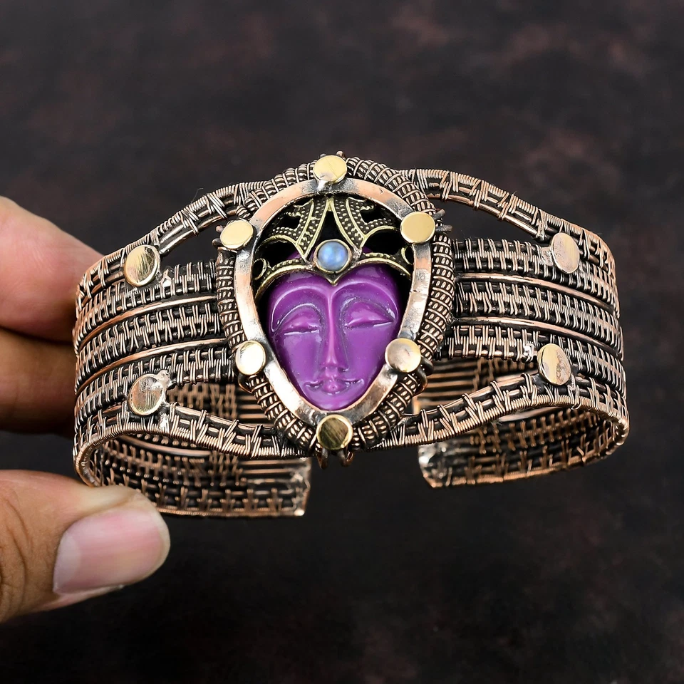 Pulseira de cobre pera roxa esculpida rosto pedra arco-íris pedra da lua esposa fio embrulhado - Imagem 2 de 4