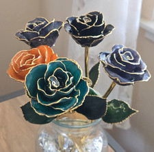 5 GILDED ROSE HAND DIPPED 24K GOLD; EUC; Amythist, Green, Orange, Sapphire & Blk