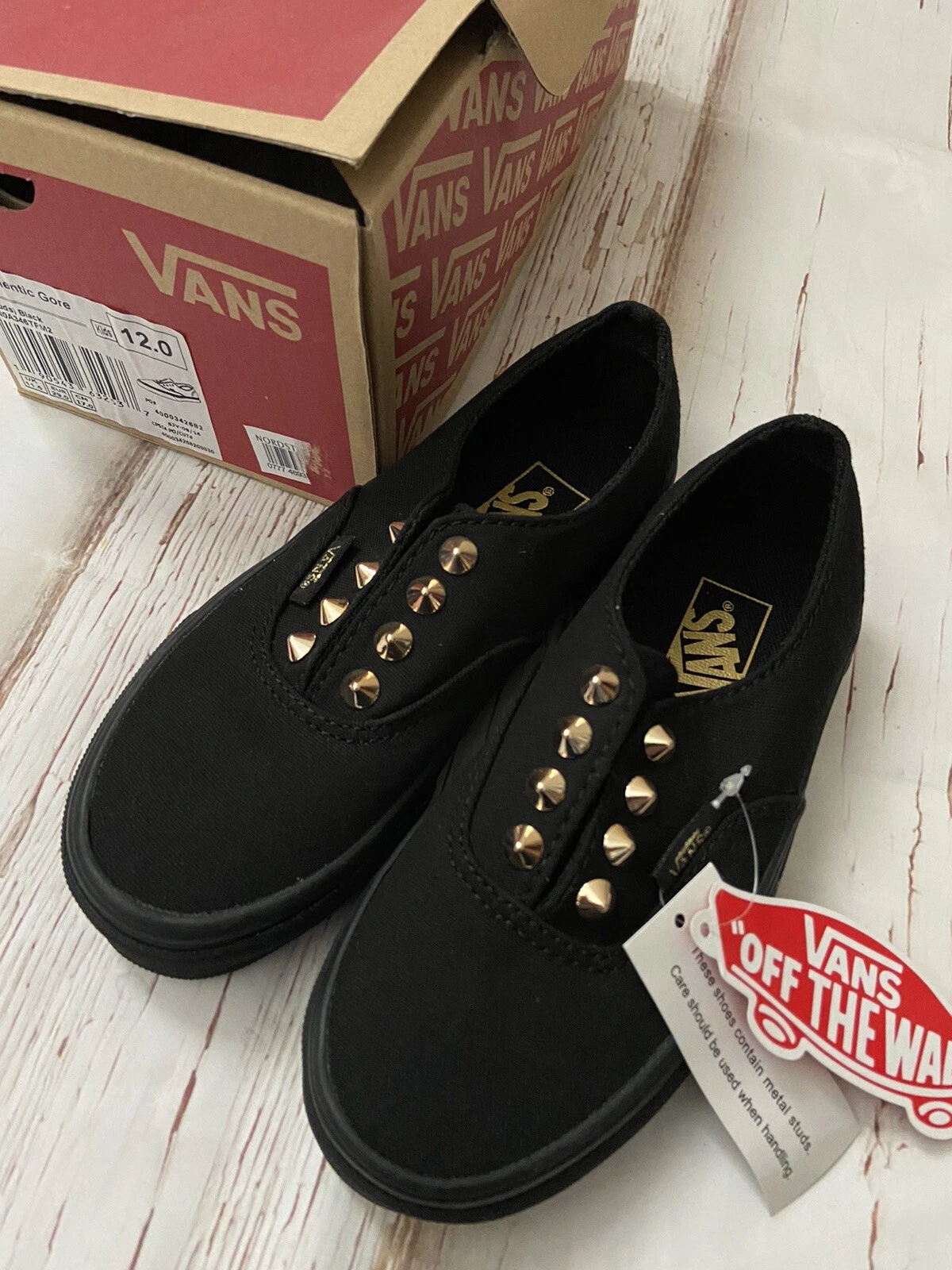 Slip on borchie oro nero Vans ""Autentico Gore"" bambini taglia 12 NUOVO punk rock