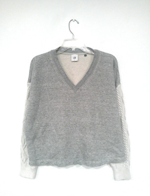 STAINED* CAbi Women's Fusion Sweater Sz Large Gray Beige Cable Knit Sleeves 3710