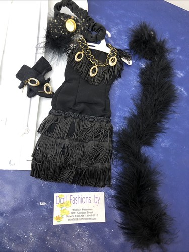 20” Artisan Made Outfit For Cissy Sized Dolls Black Flapper Dress Boa Set i51