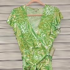 NWT Sunny Leigh Stretch Flutter Short Sleeve Faux Wrap Dress Jessa Mint - Size L