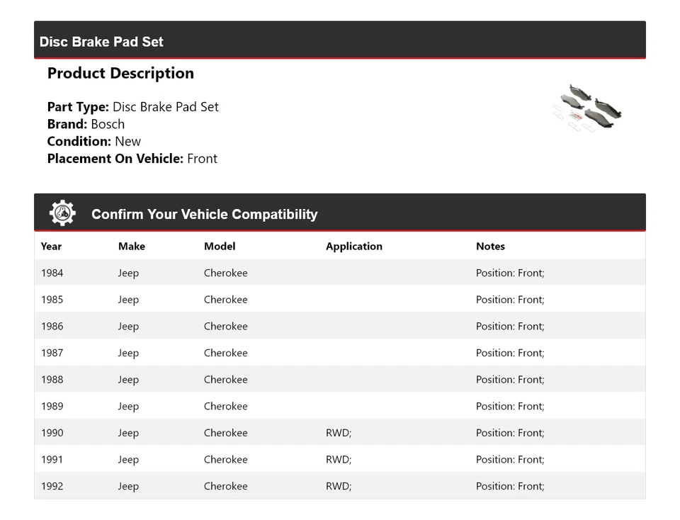 Pastillas de freno semimetálicas con delanteras HDW 1985 para Jeep Cherokee Bosch 1984-1992 Foto 2 de 4