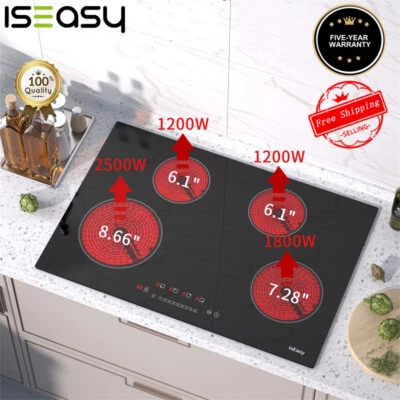 ISEASY 30" Electric Ceramic Cooktop 4 Burner Single Lap Built-In Touch Control Timer US