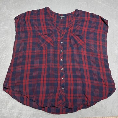 Torrid Top Womens 3X Blue Red Plaid Dolman Button Up Casual Pockets