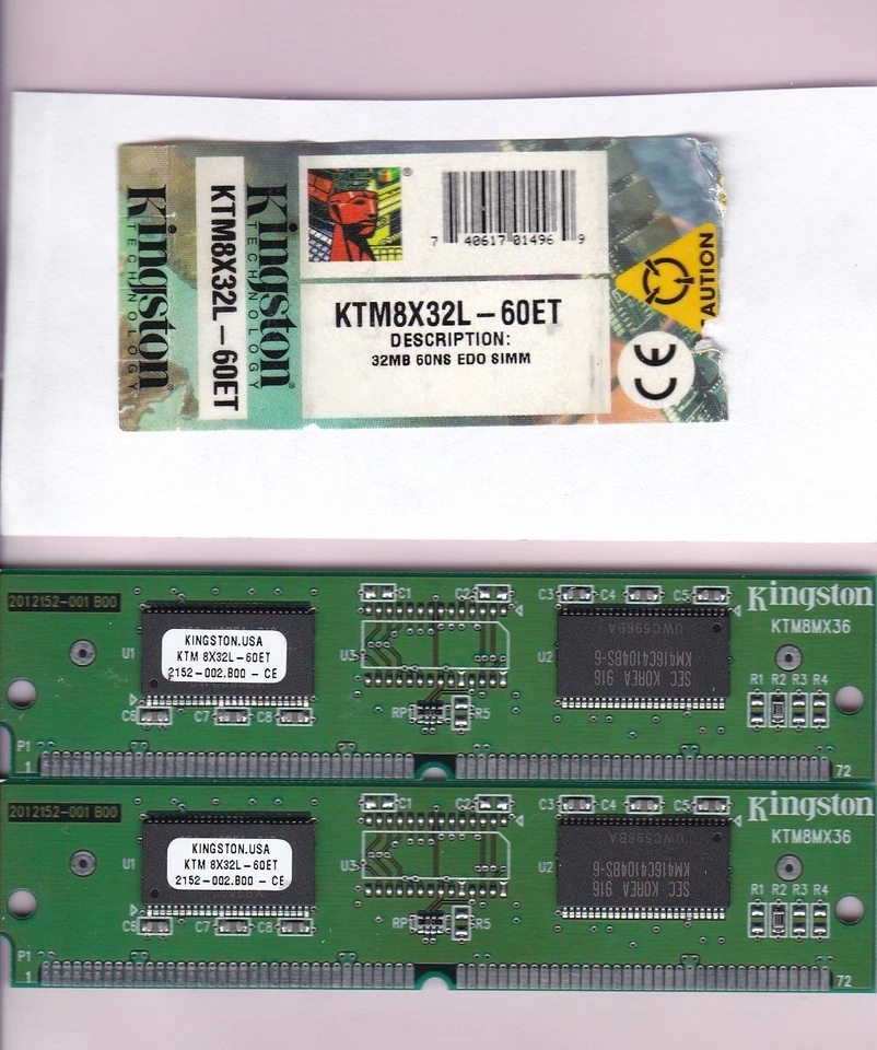 Kit de memoria RAM 64 MB 2x32 MB Kingston 72 pines Simm EDO KTM8X32L-60ET 60ns 8Mx32 5V Foto 2 de 4