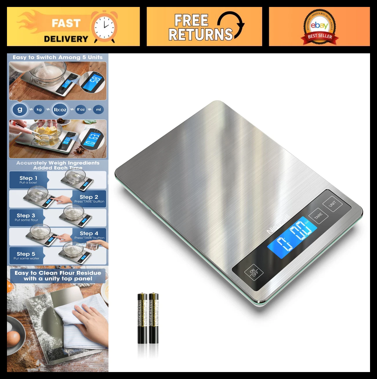 Digital Kitchen Scale 22lb - Precise 1g/0.1oz Graduation, Stainless Steel & Glas
Opens in a new wind