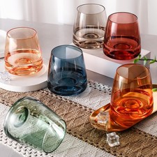 Stemless Wine Glasses Set of 6 - Hand Blown Colored Short Wine Tumblers Color...