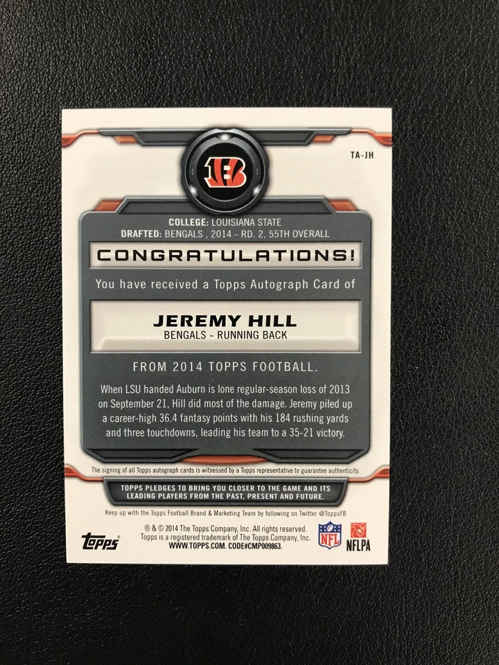 2014 Topps #TA-JH Jeremy Hill Autograph Cincinnati Bengals - Image 2 of 2