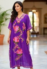 Stunning Women's Long Caftan Purple Georgette Embroidered Beach Cover-Up L-51"