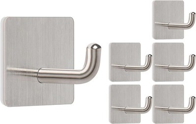 6 Pack Adhesive Towel Hooks, 304 Stainless Steel Self Sticky Wall Hooks Waterpro