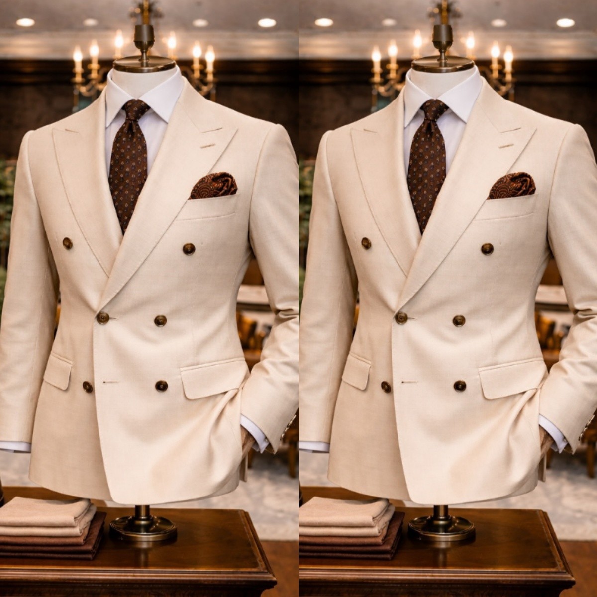 Khaki Men's Suit Peak Lapel Business Formal 2Pcs Double Breasted Tuxedo Jacket