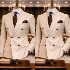 Khaki Men's Suit Peak Lapel Business Formal 2Pcs Double Breasted Tuxedo Jacket