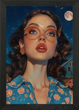 Woman with Glasses Under Moonlight Framed Wall Art Poster Canvas Print Picture