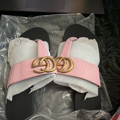 Women's Pink Slide Sandals Slip-On with Double Logo Buckle Ring Strap Accent