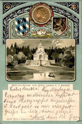 LITHO GRUSS AUS BERG STARNBERG PRÄGEDRUCK VOTIVKIRCHE KÖNIG LUDWIG II 1900
