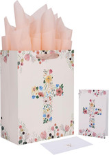 13" Large Light Yellow Floral Gift Bag Set with Greeting Card and Tissue Papers