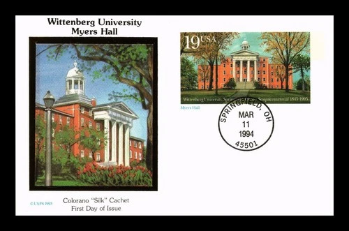 DR JIM STAMPS US FIRST DAY CARD WITTENBERG UNIVERSITY MYERS HALL COLORANO SILK