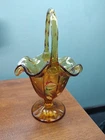 Vintage Fenton Autumn Gold Amber Basket Art Glass Floral Hand Painted Signed