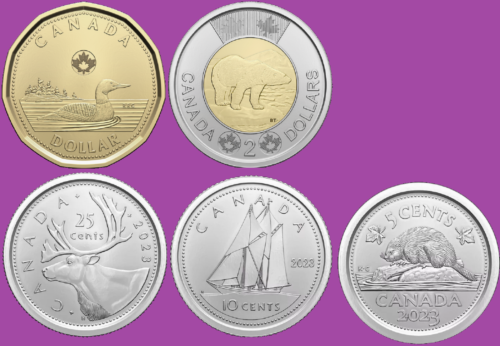 Complete Set of Five 2023 Canada Coins $2 $1 25c 10c 5c Mint UNC Loonie Toonie - Afbeelding 1 van 9