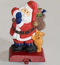 Vtg Christmas Stocking Holder Hanger Iron Resin Santa Bear Presents Gifts