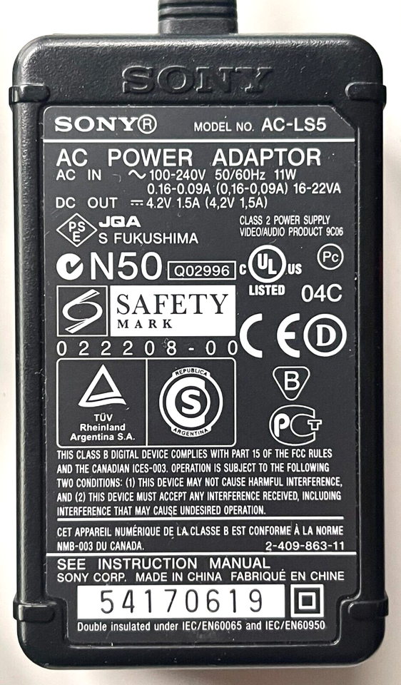 GENUINE SONY MODEL AC-LS5 AC POWER ADAPTER COMPLETE IN MINT CONDITION ...