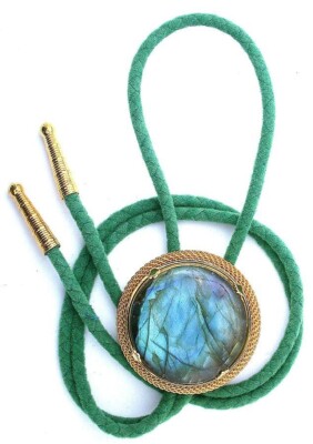 Natural Round 36mm Labradorite Cab Gold Mesh Bolo Tie Cord Tips EPBT133/72824