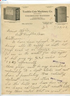 Vintage Illustrated Letterhead TOMBLIN COIN MACHINERY Aurora IL 1903 vending
