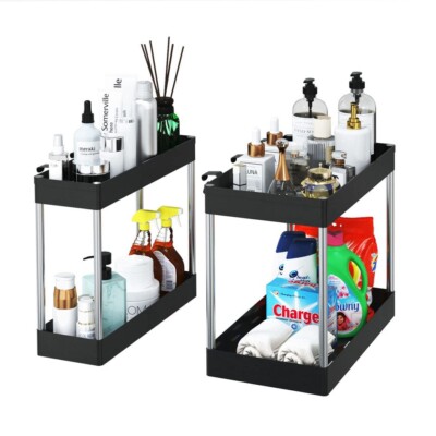 UFULA Unter Waschbecken Organizer, 2 Ebenen Badezimmer Waschbecken Aufbewahrung Regal mit Haken, darunter