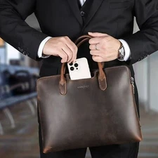 Men's Leather Laptop Briefcase Travel Business Bag with Phone Pocket
