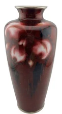 Vintage Signed Ando Vase Blood Red Cloisonné & Enamel With Flowers Japan 8.5”