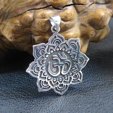 Solid 925 Sterling Silver Lotus Flower & Om / Aum / Ohm Yoga Meditation Pendant