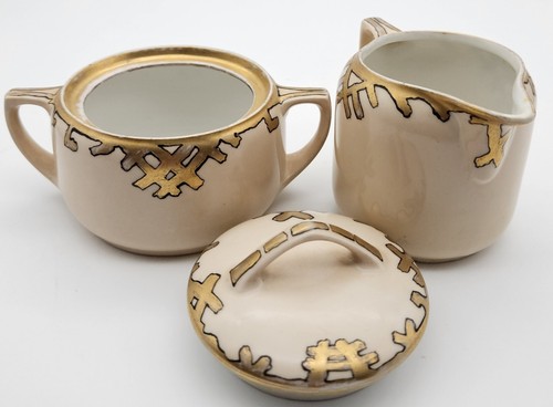 Antique MZ Austria Art Deco Coffee Tea Pot Peach And Gold With Creamer & Sugar - Picture 10 of 16