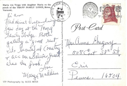 Postal de colección Trapp Family Lodge Maria von Trapp Stowe, Vermont - Imagen 2 de 2