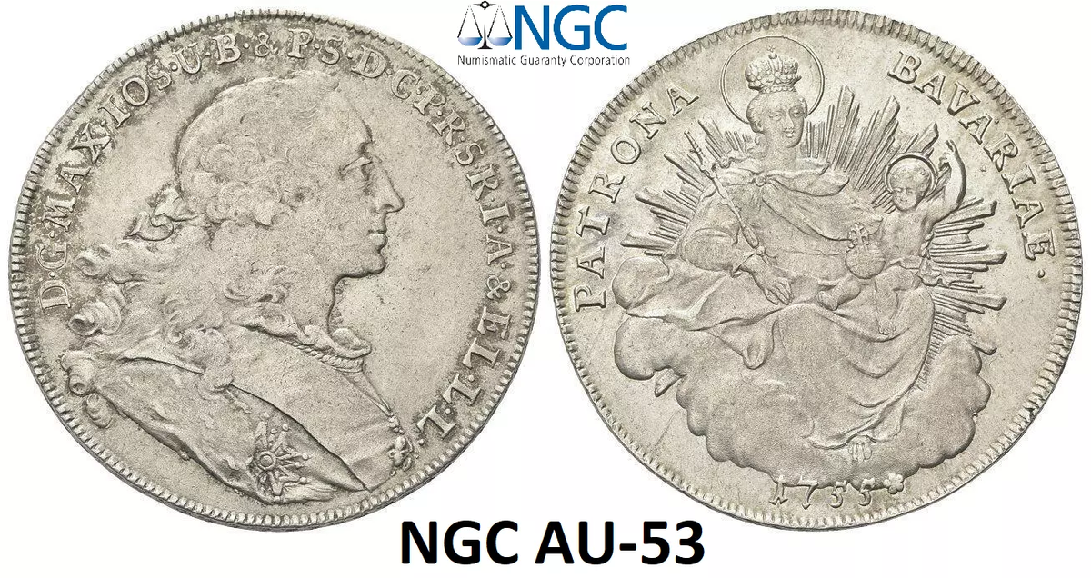 NGC Bavaria 1755 AU-53 1 Thaler Silver Germany Madonna and Jesus