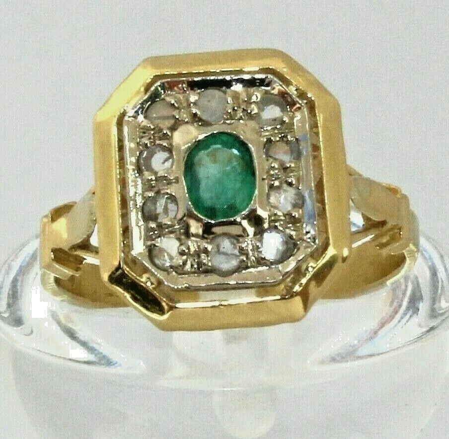 Anello VINTAGE Oro 750 Smeraldo rosette di Diamante made in