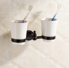 Oil Rubbed Bronze Wall Mounted Toothbrush Holder with Two Ceramic Cups eba828