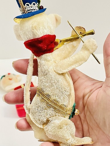 2 Vintage Mouse Ornaments Whimsical White Mouse Christmas Blue Hat Felt Flocked - Picture 10 of 15