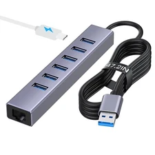 7 Ports USB 3.0 Hub, USB to Network HUB with 6 USB 3.0 Data Transmission, Gig...