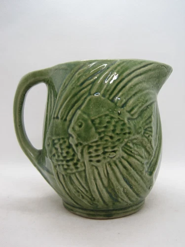 Vintage 1930's McCoy Green Angel Fish Stoneware Pitcher 6 1/4" tall