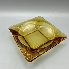 Vintage Anchor Hocking Amber Glass Ashtray Square 4-Slot Cigar Mid Century 4.5"