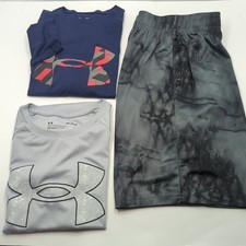 Boys Under Armour Lot of 3 Medium 10/12 Long Short Sleeve Shirt Shorts Blue Gray