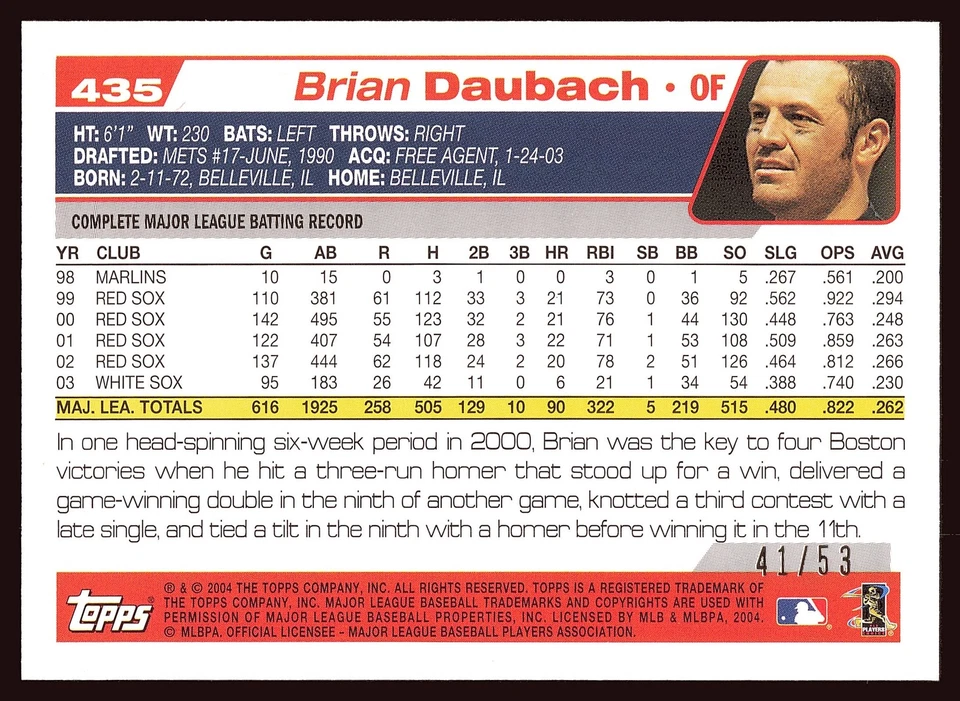 Brian Daubach Boston Red Sox 2004 Topps Black #435 SN /53 - Image 2 of 2