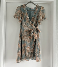 Mi Ami Blue Pink Floral Chiffon Wrap V-Neck Flutter Sleeve Mini Dress S