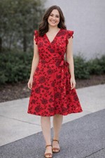 Women's Collective Concepts Red Floral Wrap Dress Sz M NEW